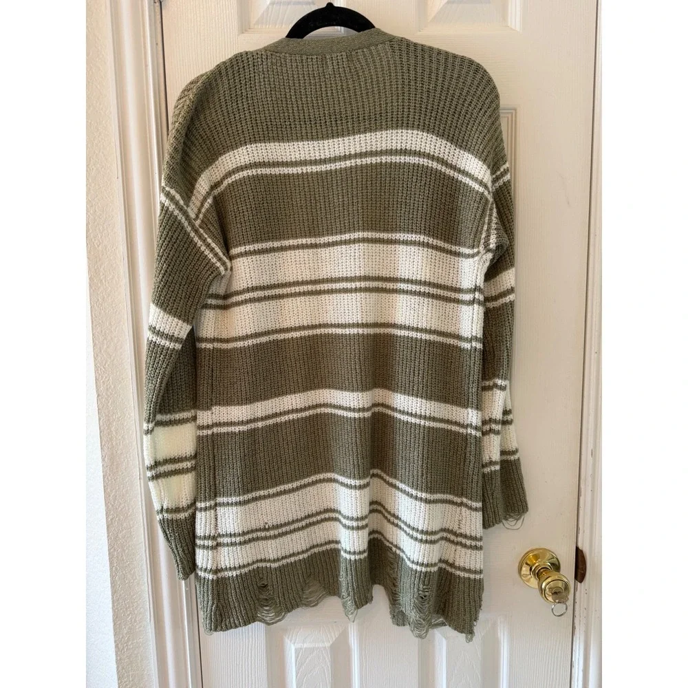 BKE Olive Striped Cardigan Distressed Hem Open Front‎ Boho Sweater Pockets S